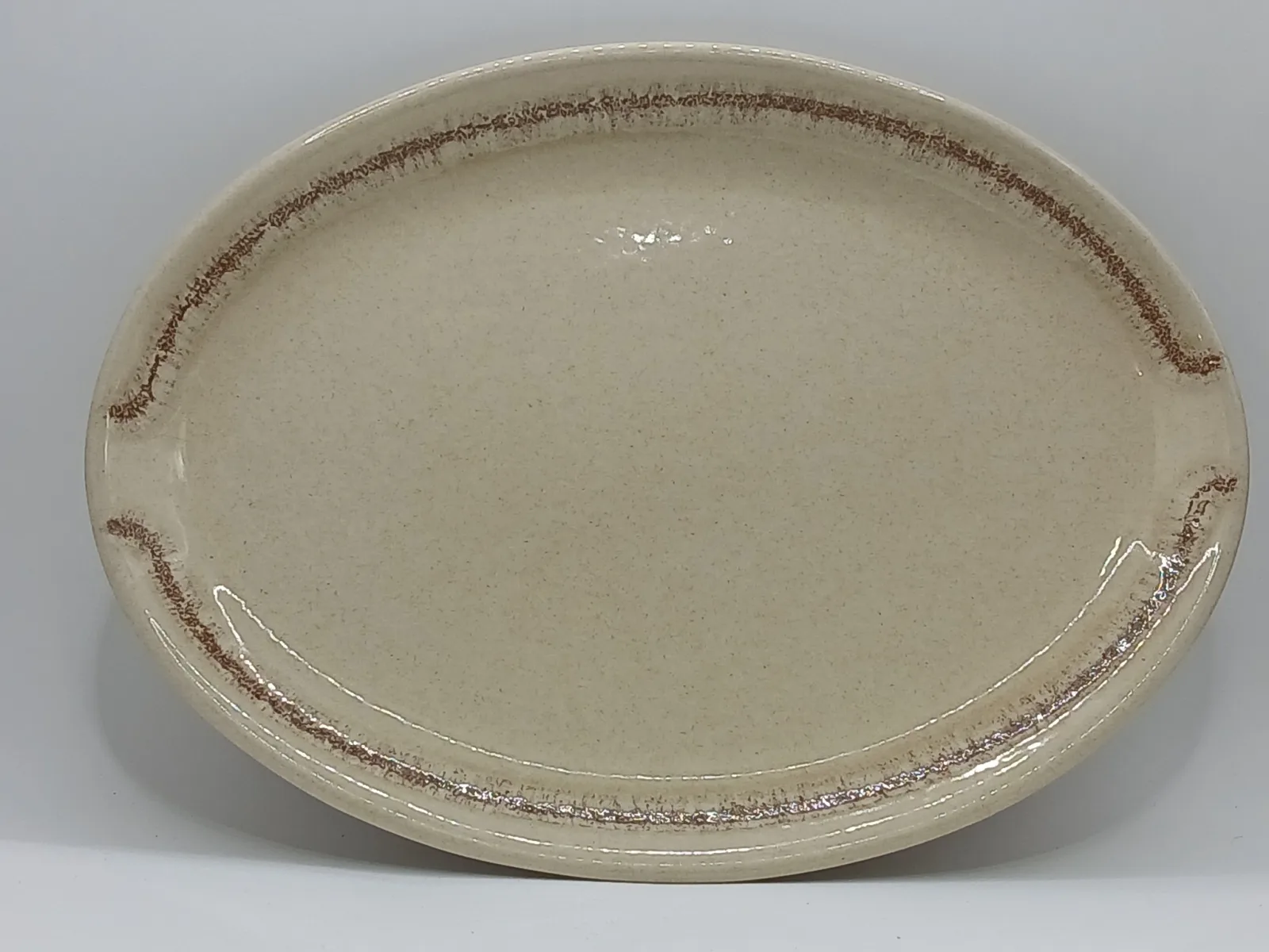 Crown Lynn Oval Ovenproof Serving Platter Speckled Cream Brown Rim